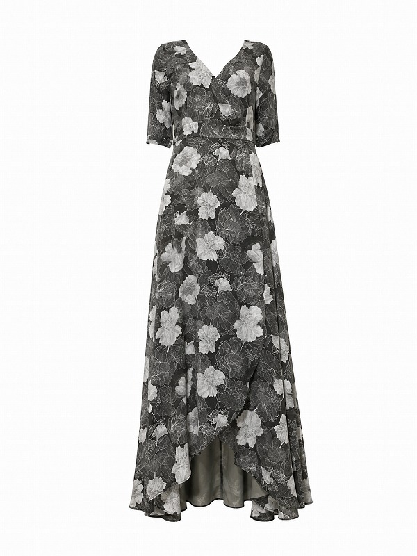 【新品DRESS 925】大判花柄モノトーンラップフレアロングドレス グレー【GUESS】